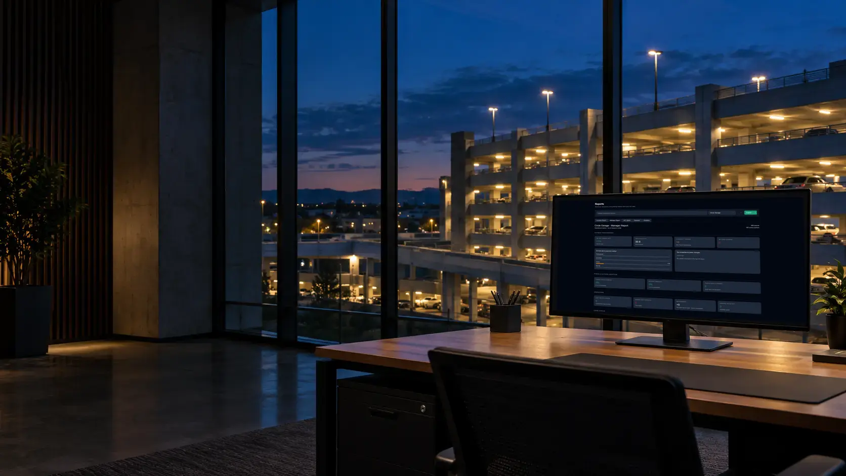Empty parking office at dusk with a dark Tandem manager report displayed on the monitor