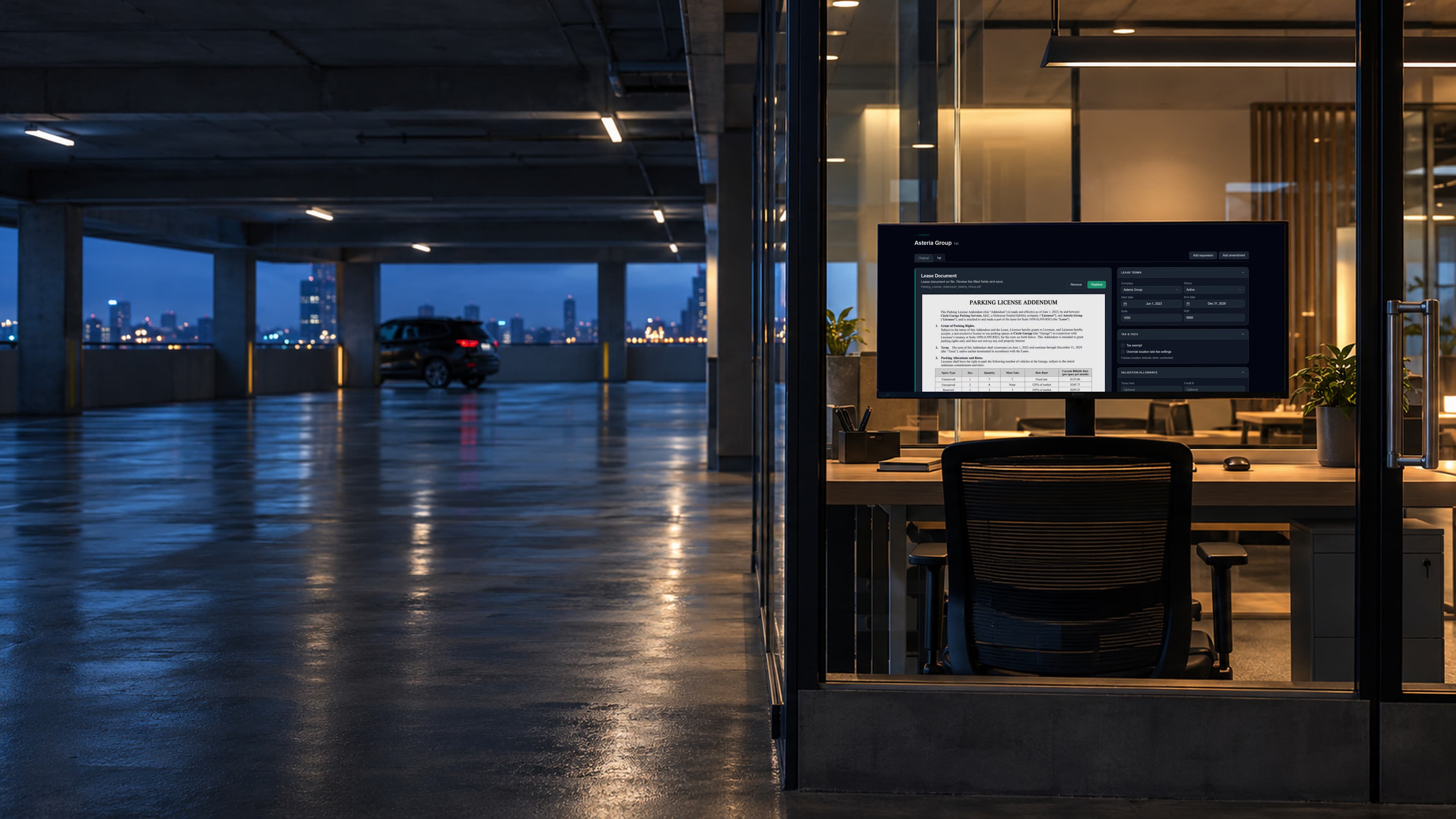 Parking operations office beside a commercial garage, with Tandem displaying a lease review on the monitor
