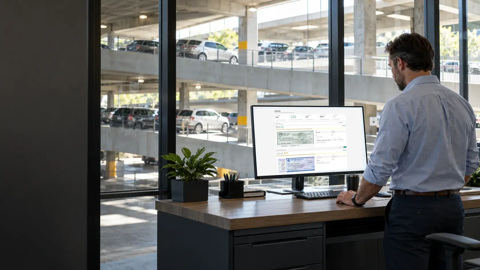 Parking manager reviewing real check payments in Tandem from an office beside a commercial garage