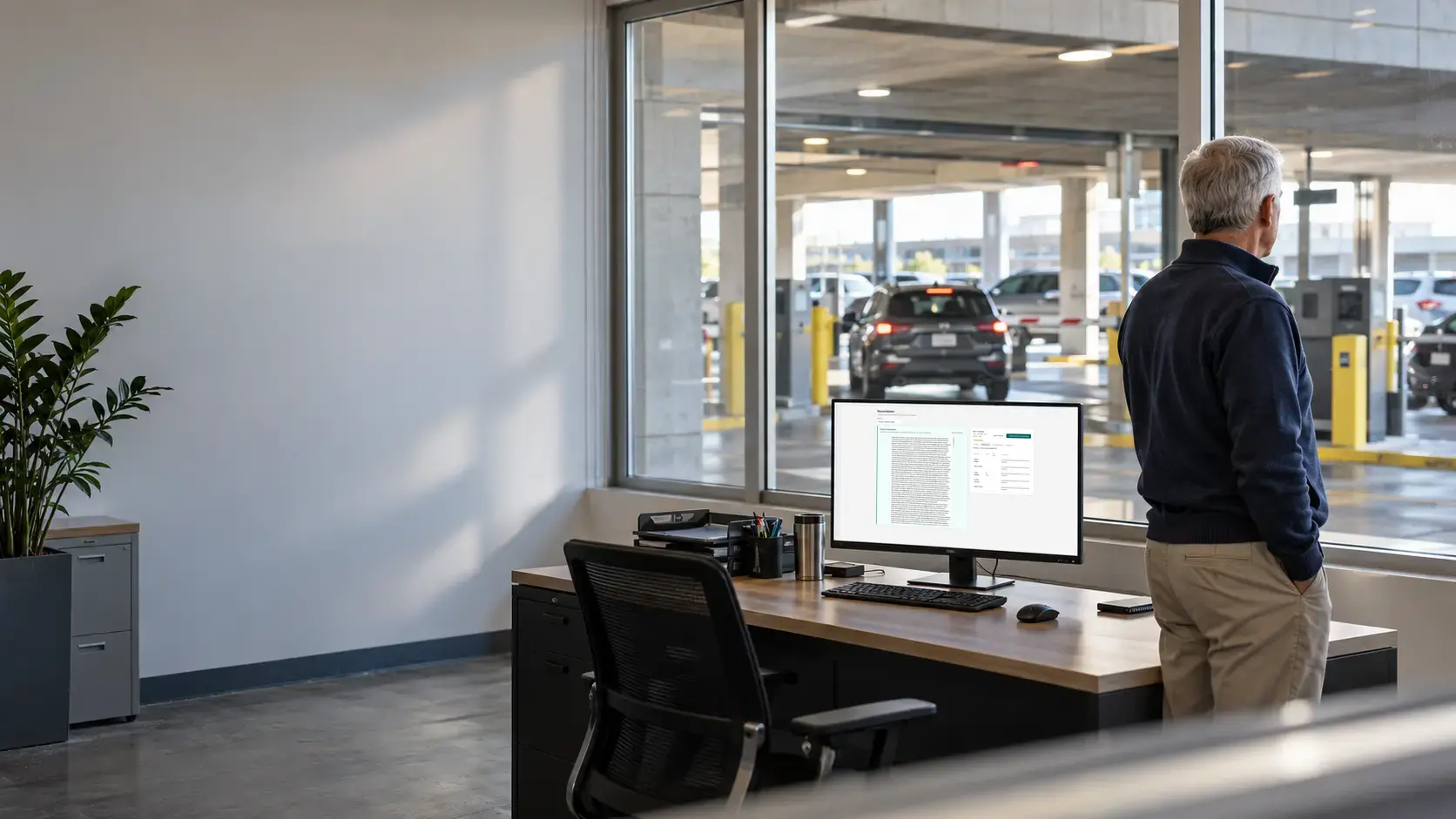 Parking manager overlooking a garage entrance while Tandem migration tools organize companies, parkers, and access records for review